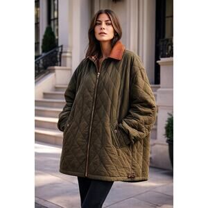 Mulberry England Leather Collar Oversized Quilted Full Zip Jacket Green Medium